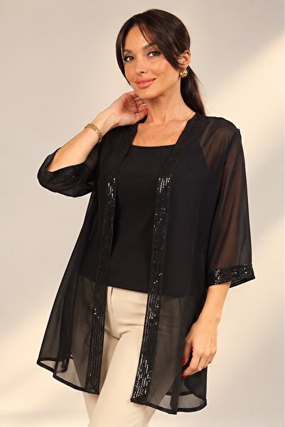 By Saygı Women's Thin Strap Tank Top with Sequin Detail Chiffon Jacket 2-Piec...