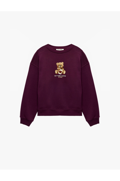Koton Rahat Kalıp Şardonlu Bisiklet Yaka Uzun Kollu Ayıcık Nakışlı Sweatshirt