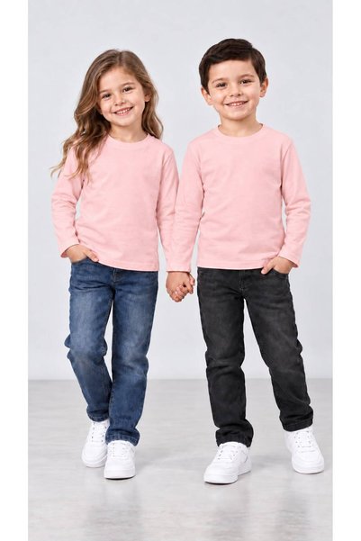 babito store Babito %100 Pamuk Unisex Çocuk Bisiklet Yaka Uzun Kollu Basic Badi 2-10 Yaş