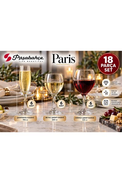 Paris 18Parça Kadeh Seti (Şampanya-Beyaz Şarap-Kırmızı Şarap)