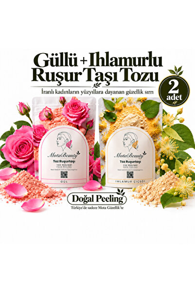 Toz Ruşur Taşı (İran Sefidab) Doğal Yüz Peelingi - 2'li paket (Gül, Ihlamur) - Cilt Tonu Eşitleme, Ölü Deri Arındırma, Siyah Nokta Karşıtı