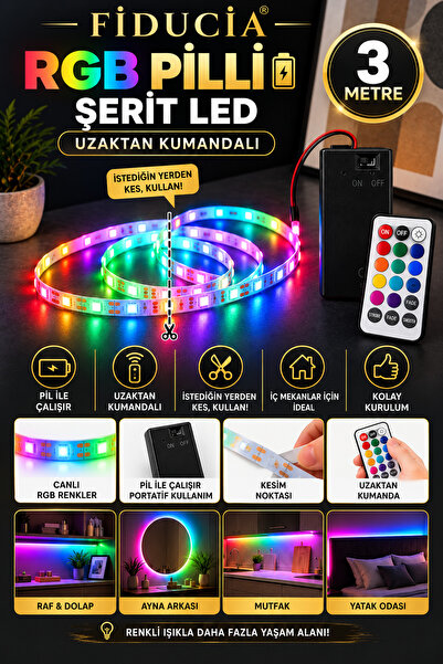 FIDUCIA Pilli Uzaktan Kumandalı RGB Şerit LED 3 Metre 9V Pil Dahil Yapışkanlı...