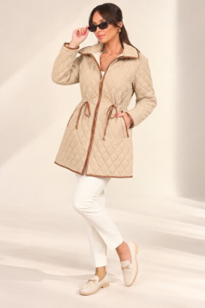 By Saygı Baklava Patterned Lined Leather Coat with Pockets