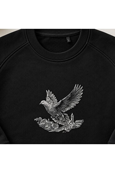 KEYFHOME Flying Pigeon over the Village Embroidered Crew Neck Sweatshirt Unisex