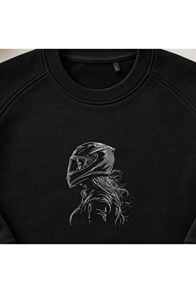 KEYFHOME Motorcyclist Woman with Helmet Embroidered Crew Neck Sweatshirt Unisex