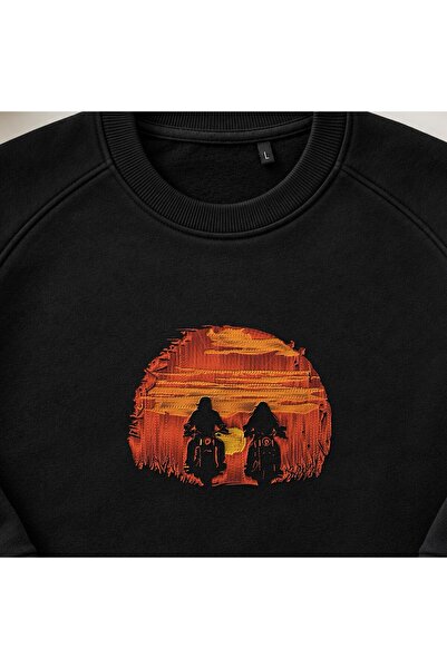 KEYFHOME Sunset Motorcycle Ride Embroidered Crew Neck Sweatshirt Unisex