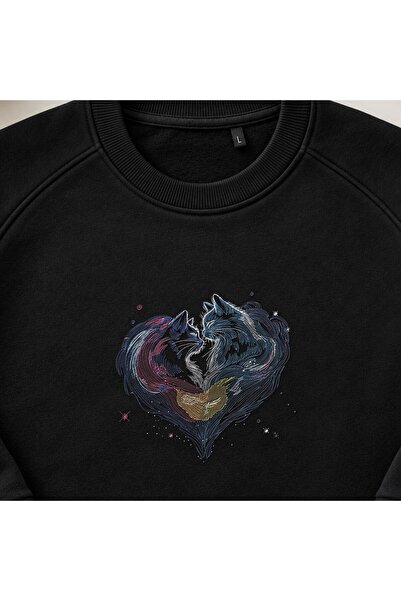KEYFHOME Hanorac unisex cu gât rotund și broderie Starry Night Lover Cats