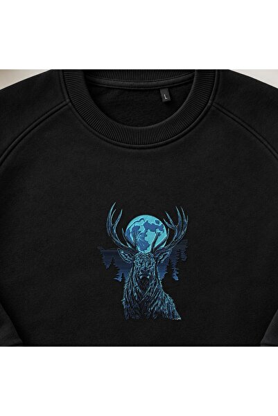 KEYFHOME Mystical Deer Moon and Earth Embroidered Crew Neck Sweatshirt Unisex
