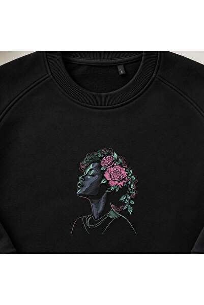KEYFHOME Afro Woman Tricou unisex cu gât rotund cu broderie portret trandafir