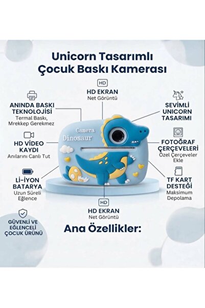 NovMark Dinazor Tasarımlı Mini Dijital Fotoğraf Makinesi-Anında Termal Baskıl...