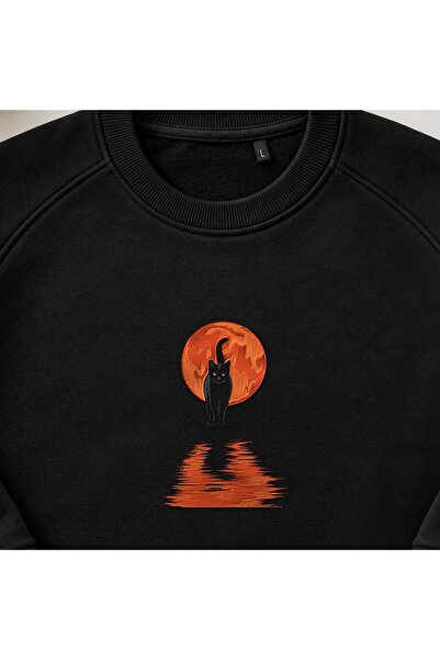 KEYFHOME Moon Reflection Gothic Black Cat Embroidered Crew Neck Sweatshirt Un...