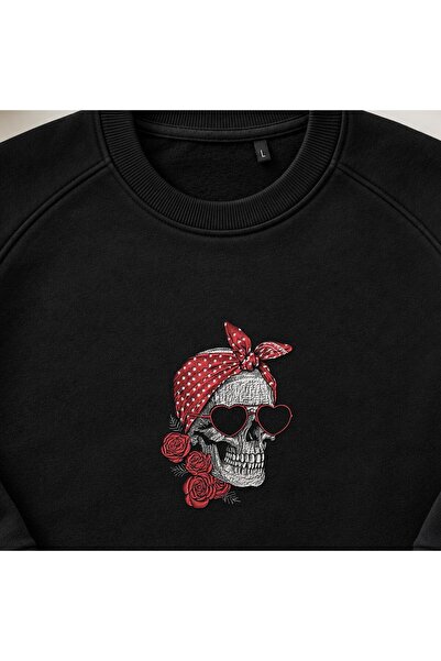 KEYFHOME Φούτερ με λαιμόκοψη με κέντημα κρανίου Pin Up Rockabilly με τριαντάφ...