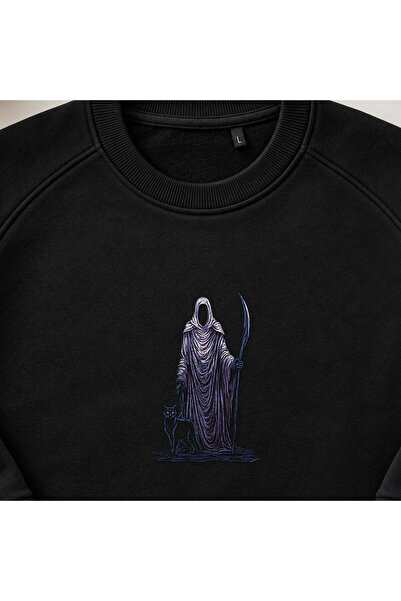 KEYFHOME Hanorac unisex cu gât rotund și broderie Dark Reaper Sorcerer cu pisici