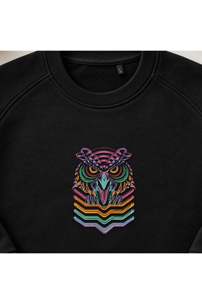 KEYFHOME Hanorac unisex cu gât de ciclism cu broderie Neon Psychedelic Owl Head