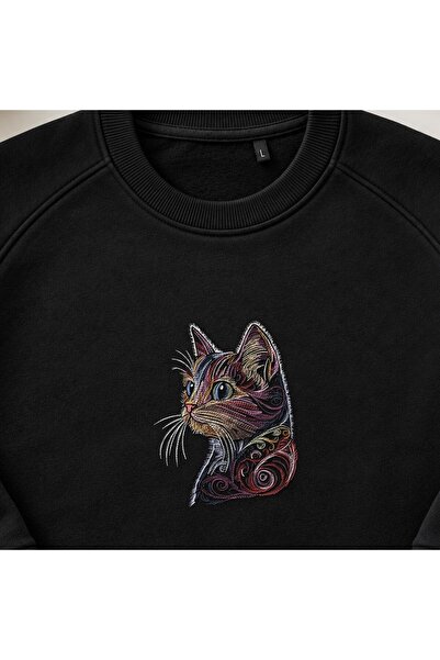 KEYFHOME Hanorac unisex cu gât rotund și broderie artistică Cat Line Cat