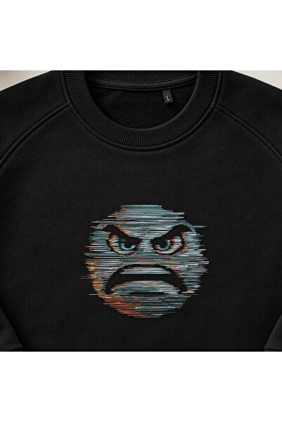 KEYFHOME Glitch Pixel Fury Face Embroidered Crew Neck Sweatshirt Unisex