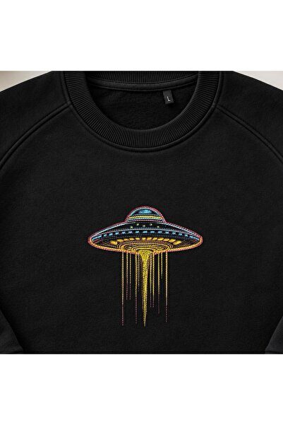 KEYFHOME Neon UFO Alien Invasion Tricou cu gât de ciclism brodat unisex