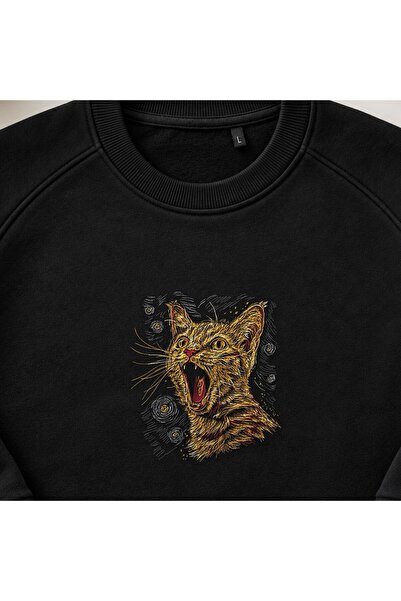 KEYFHOME Roaring Carrot Cat Surreal Embroidered Crew Neck Sweatshirt Unisex