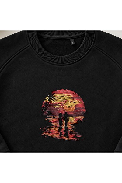 KEYFHOME Romantic Beach Sunset Double Broderie Crew Neck Sweatshirt Unisex