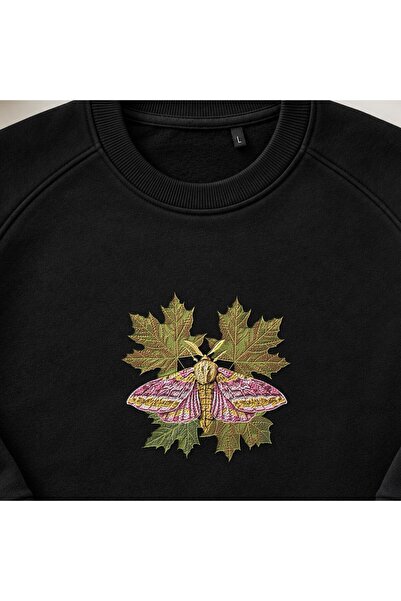 KEYFHOME Pink Maple Moth Embroidered Crew Neck Sweatshirt Unisex