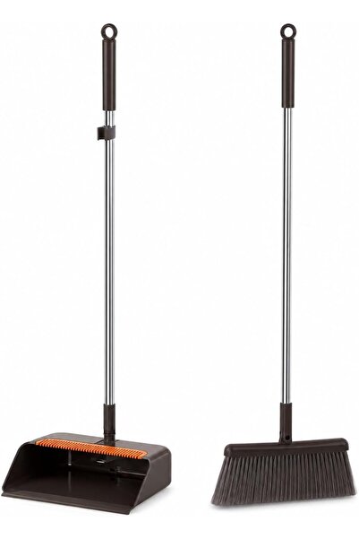 urevo Long Handle Broom and Dustpan Set, Upright Standing Dustpan with Built-...