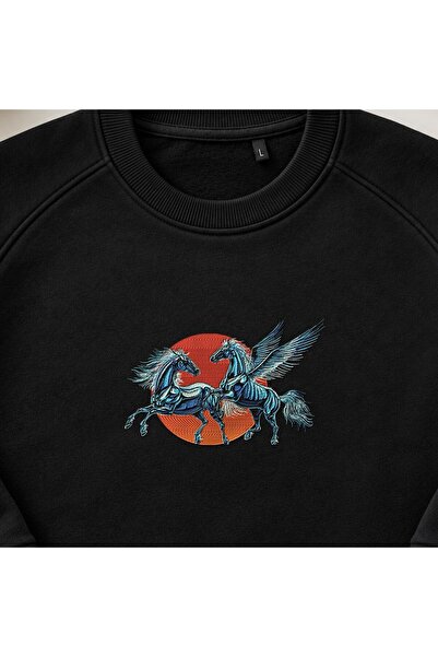 KEYFHOME Winged Pegasus Horses Embroidered Crew Neck Sweatshirt Unisex