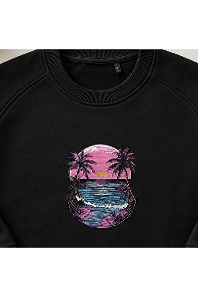 KEYFHOME Retro Tropical Sunset Beach Broderie Crew Neck Sweatshirt Unisex