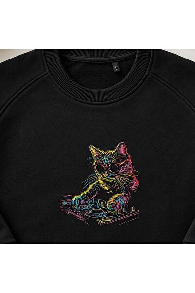 KEYFHOME Neon Dj Cat Embroidered Crew Neck Sweatshirt Unisex