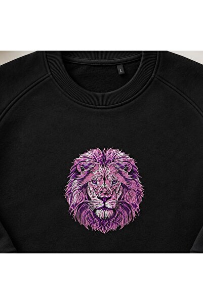 KEYFHOME Hanorac unisex cu gât de ciclism cu broderie Purple Majestic Lion