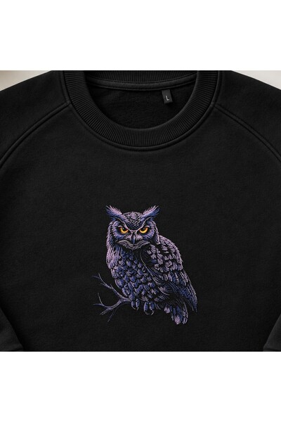KEYFHOME Purple Night Owl Embroidered Crew Neck Sweatshirt Unisex