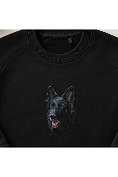 KEYFHOME Realistic Black German Shepherd Embroidered Crew Neck Sweatshirt Unisex