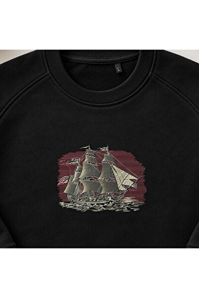 KEYFHOME Hanorac unisex cu guler rotund, brodat cu navă piratescă vintage