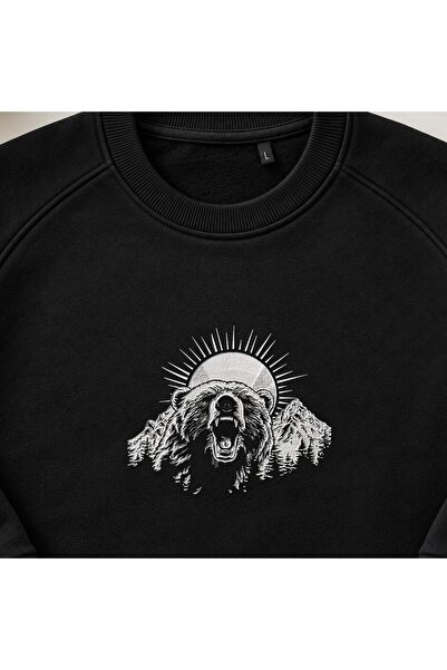 KEYFHOME Mountain Bear Roaring Wild Nature Embroidered Crew Neck Sweatshirt U...