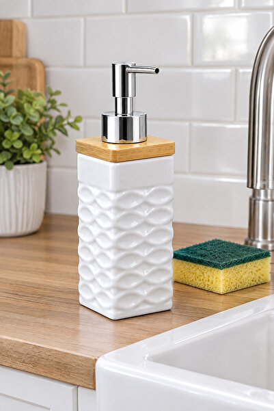 MAKRİ HOME Dalga Desenli Seramik Sıvı Sabunluk, Bambu Kapaklı, Beyaz, 8x21 cm