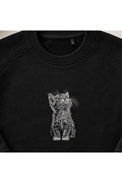 KEYFHOME Curious Kitten Embroidered Crew Neck Sweatshirt Unisex