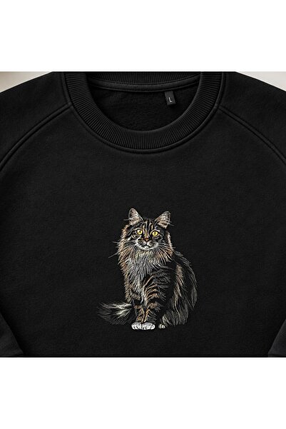 KEYFHOME Ρεαλιστικό Maine Coon Cat Κέντημα Μπλούζα με λαιμόκοψη Unisex