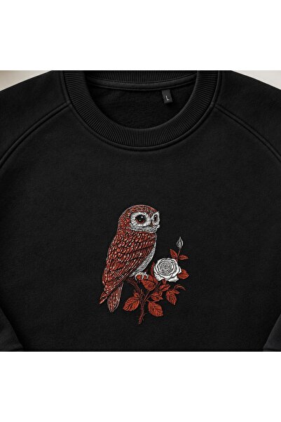 KEYFHOME Vintage Floral Owl Embroidery Crew Neck Sweatshirt Unisex