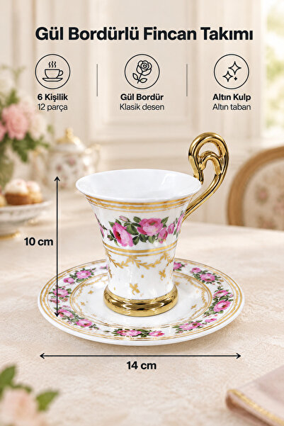 MAKRİ HOME 6 Kişilik Porselen Fincan Takımı, Gül Bordürlü, Altın Kulplu, 12 P...