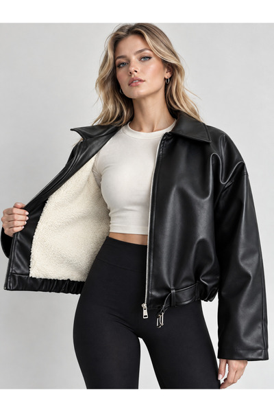PRİFALDİ Agli̇mmer Black Women's Bomber Leather Jacket with Wool Inside and B...