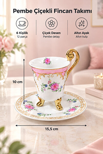 MAKRİ HOME 6 Kişilik Porselen Fincan Takımı, Pembe Çiçek Desenli, Altın Ayakl...