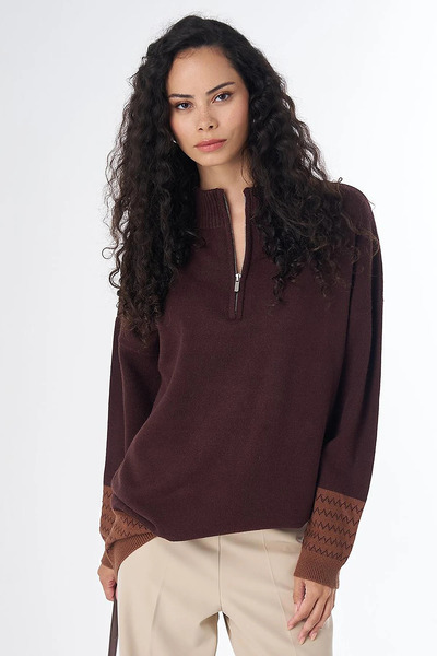 Kayra Zipper Collar Patterned Knitwear Tunic Brown
