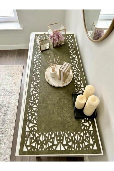 Ergüven Home Green Suede Fabric Runner 40X120 cm Console Length - Geometric T...