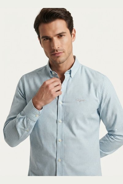 AUXOM Men's Check Shirt - Long Sleeve - Light Blue
