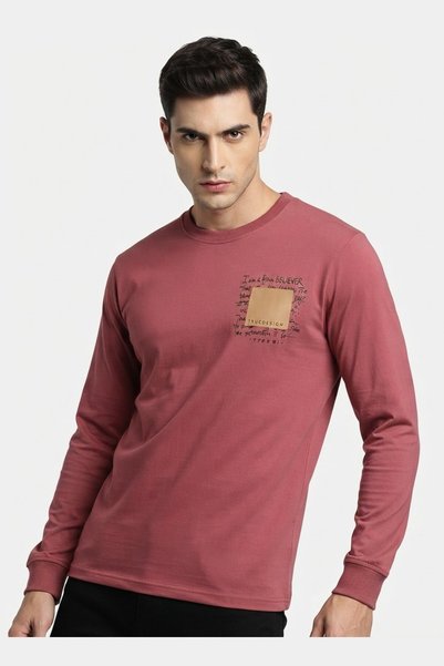 AUXOM Men's Round Neck T-Shirt - Long Sleeve - Maroon