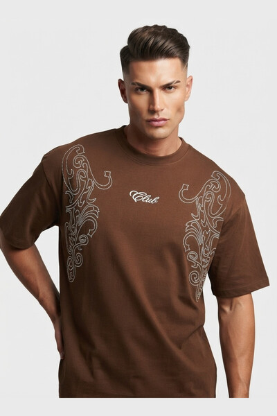 AUXOM Men's Round Neck T-Shirt - Short Sleeve - Brown