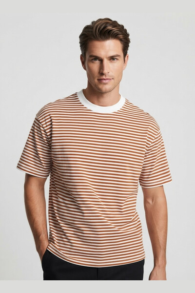 AUXOM Men's Striped T-Shirt - Short Sleeve - Brown