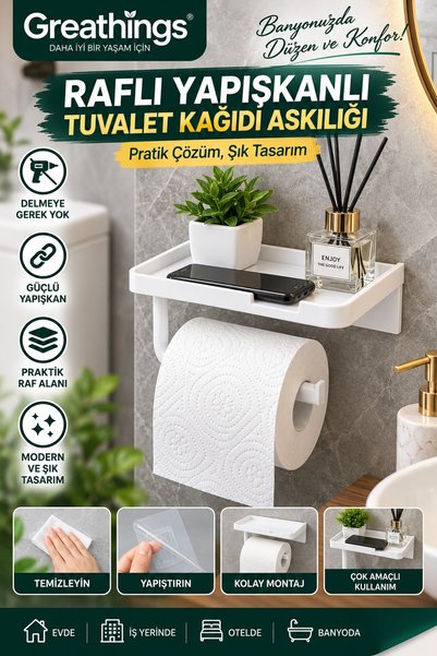 Greathings Beyaz Raflı Yapışkanlı Tuvalet Kağıdı Askılığı Delmeden Montaj Tel...