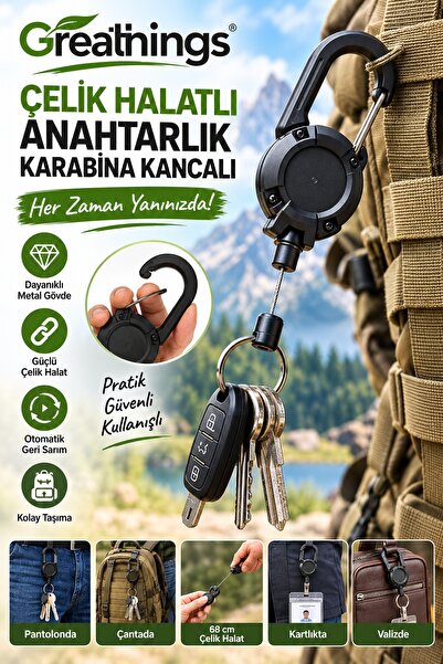 Greathings Siyah 68 cm Çelik Halatlı Geri Çekilebilir Anahtarlık Karabina Kan...