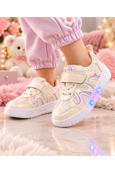 HANNA Pantofi sport cu luminite, Model Pearl, Piele ecologica, Fete, Alb