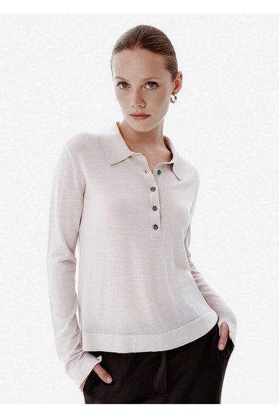 Knitss İnce Örgü Bej Polo Triko
